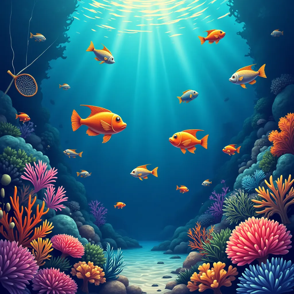 Cartoon underwater fishing arcade scene with neon sea creatures at Matchbook